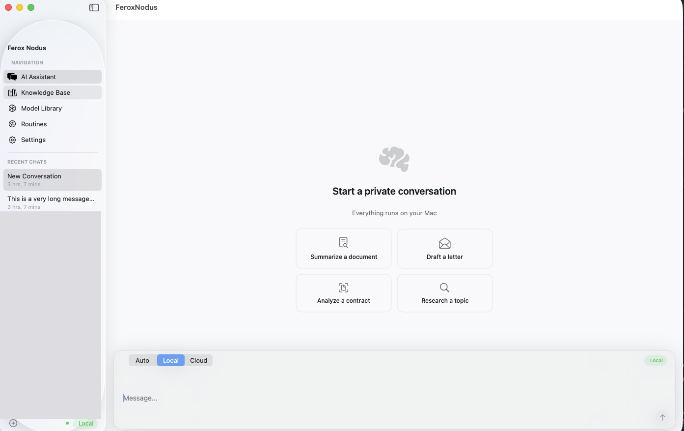 Ferox Nodus AI assistant showing private conversation mode with quick actions for summarizing documents, drafting letters, analyzing contracts, and researching topics — all running locally on your Mac
