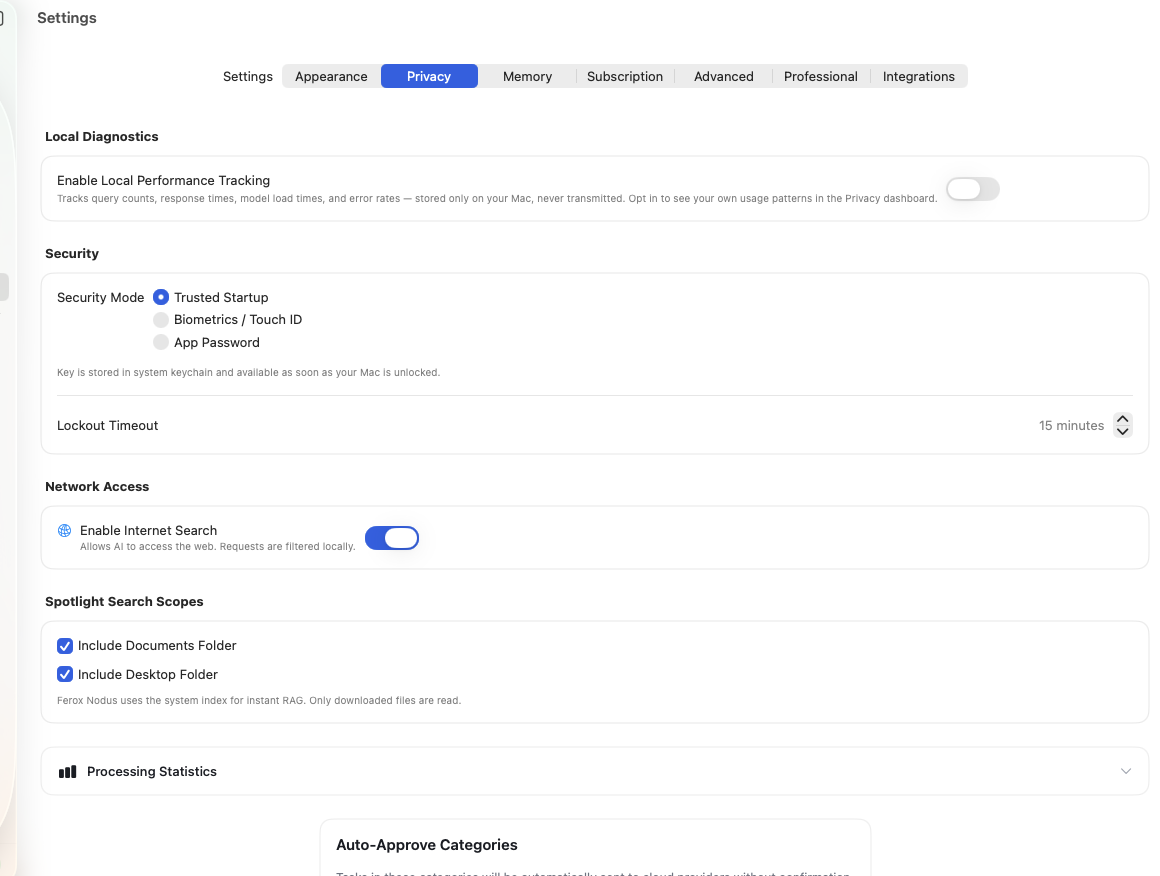 Ferox Nodus privacy settings showing local diagnostics, security mode with Touch ID, network access controls, and spotlight search scopes