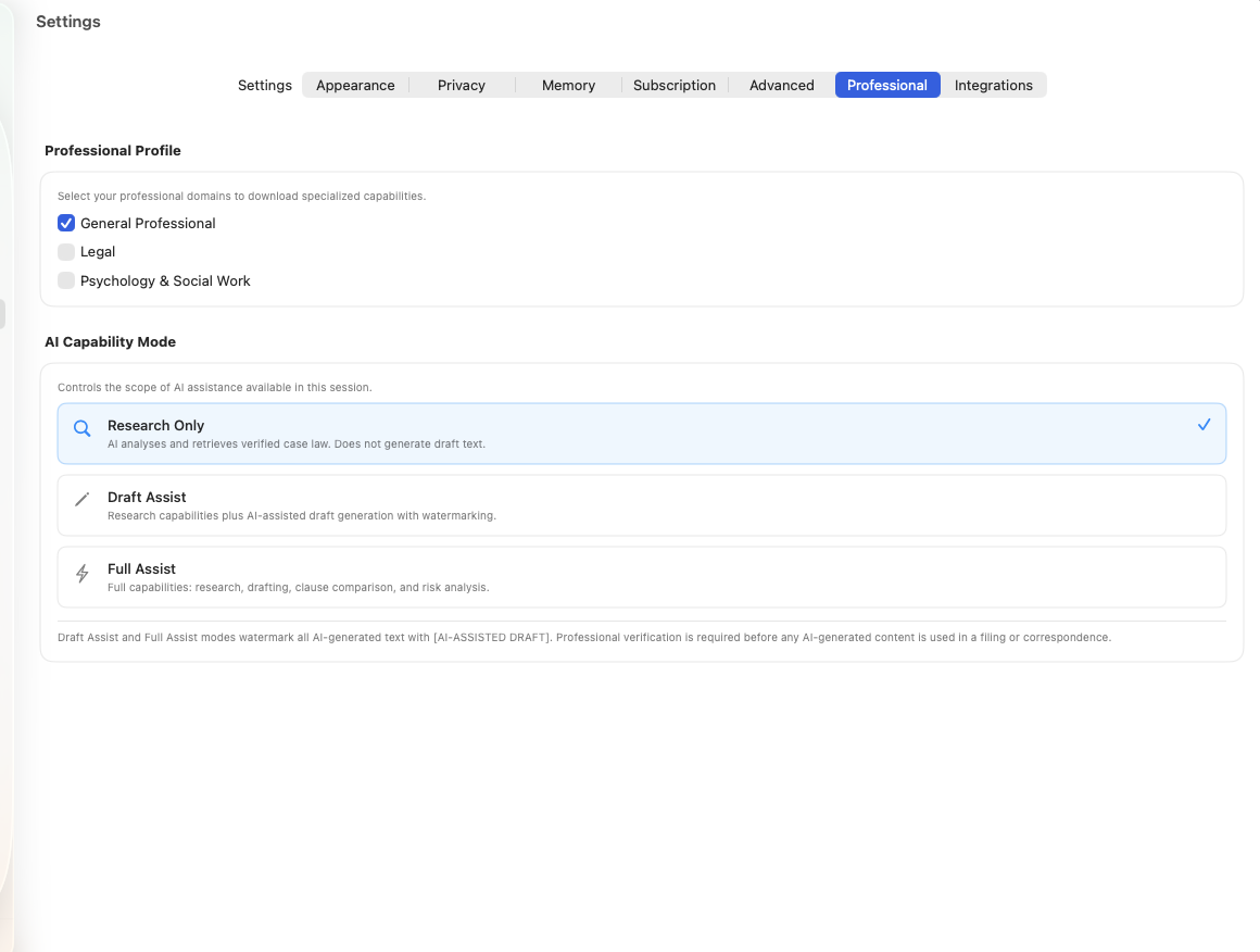 Ferox Nodus professional settings showing domain selection for legal, medical, and psychology, with AI capability modes: Research Only, Draft Assist, and Full Assist