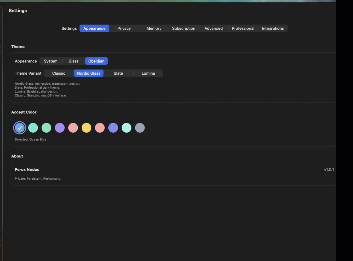 Ferox Nodus Obsidian dark theme — Nordic Glass variant selected, with customizable accent colors including Ocean Blue, Teal, Green, Purple, Red, and Gold